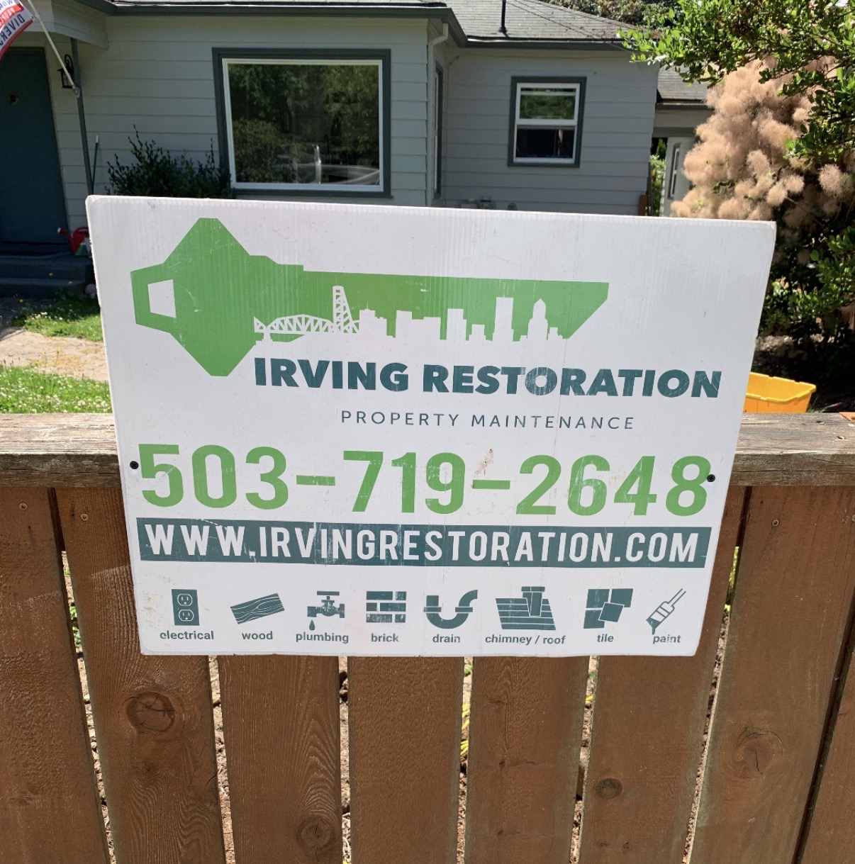 Irving Restoration corrugated yard sign