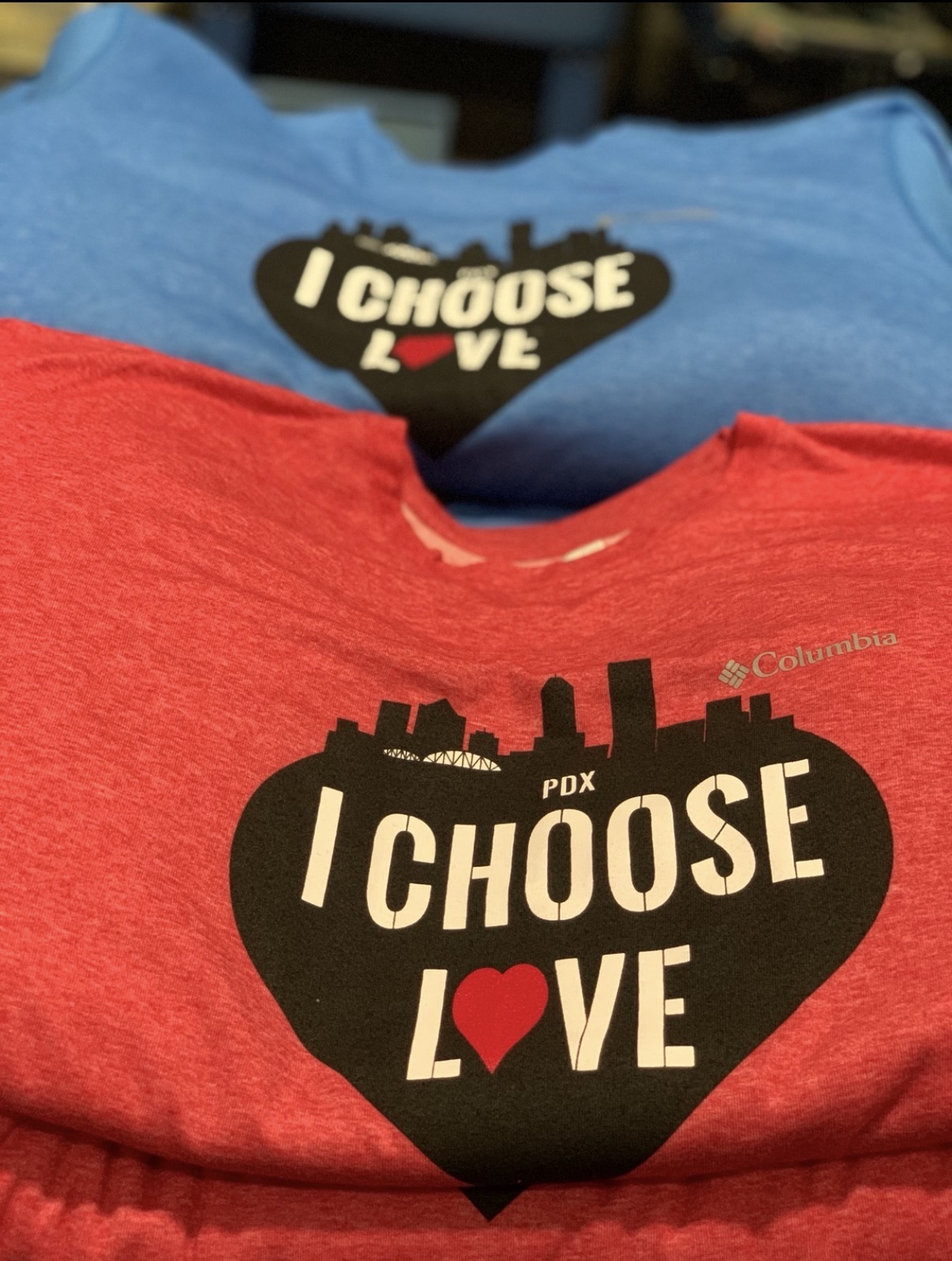 I Choose Love PDX t-shirts in red and blue