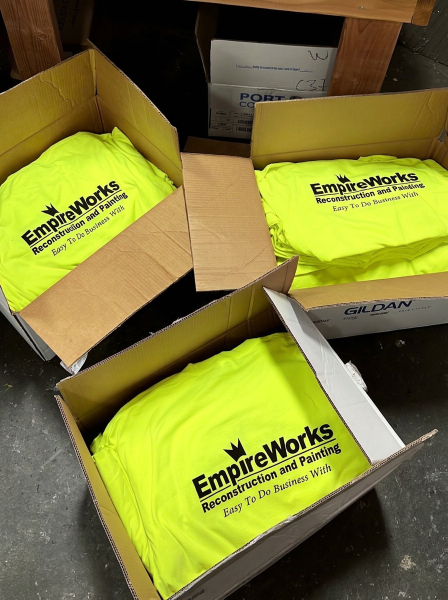 Boxes of neon yellow EmpireWorks Reconstruction and Painting shirts