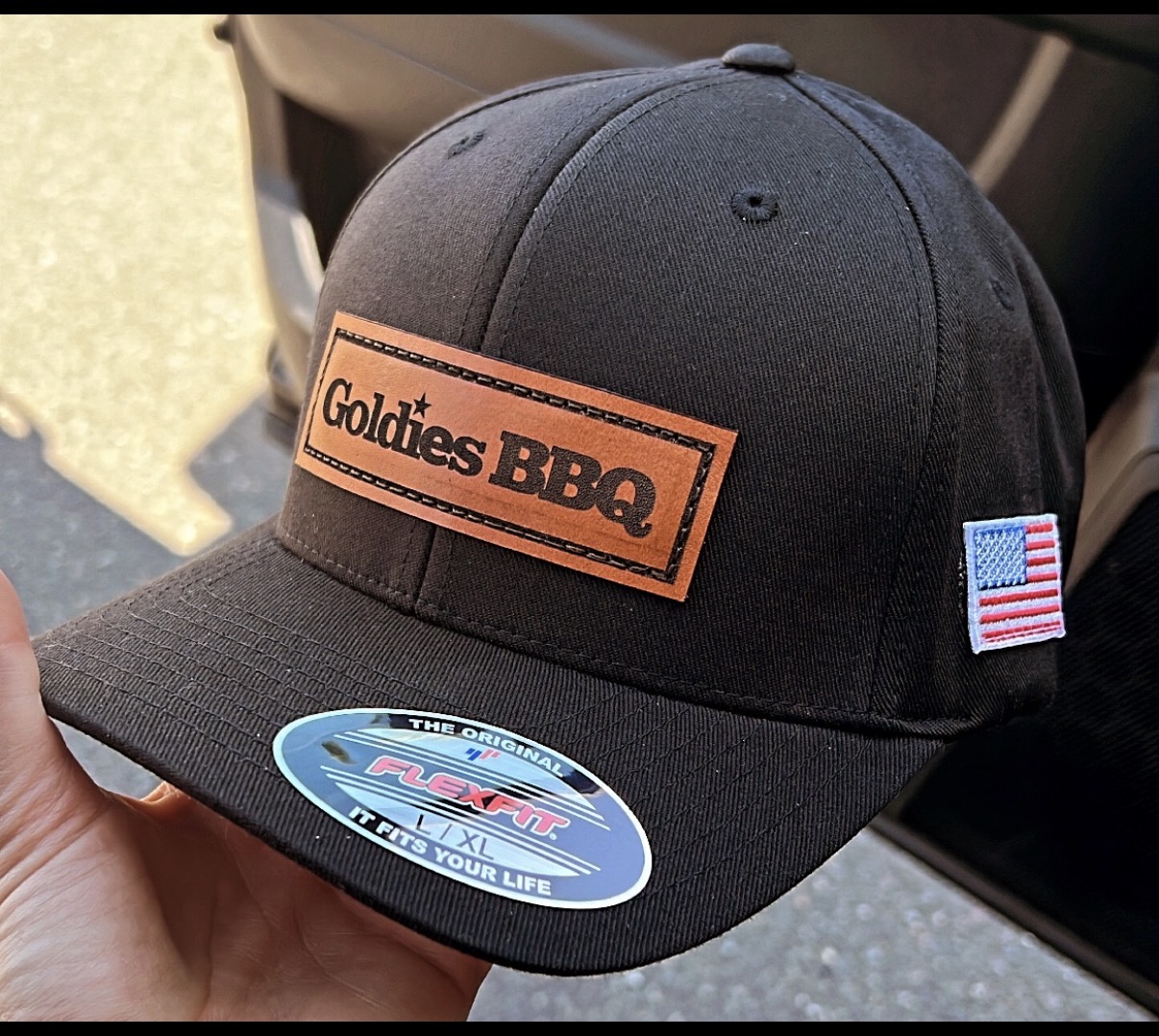 Goldies BBQ leather patch trucker hat